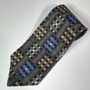 George Machado Mens Silk Tie Black Blue Tan Plaid Geometric Pattern WPL 2831